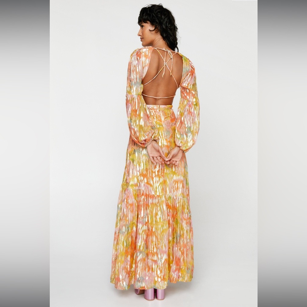 Metallic Blurred Floral Open Back Maxi Dress - Picture 3 of 4